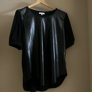 faux  leather front blouse stretchable fabric on the back